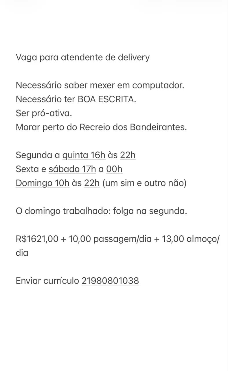 VAGA ATENDENTE DE DELIVERY RECREIO