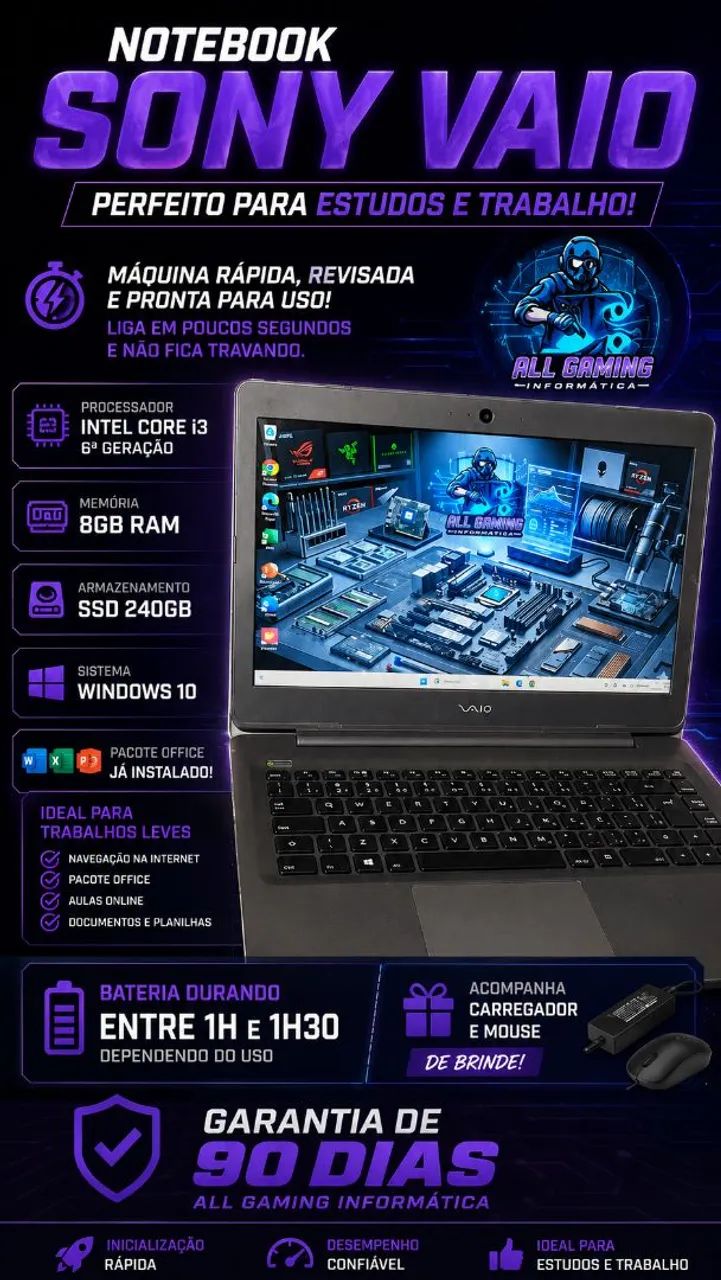 Notebook Sony Vaio Core i3 + 8GB RAM + SSD (Com Garantia e Mouse)