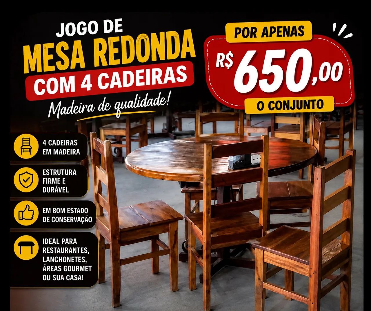 Jogo de mesa de madeira com cadeiras  
