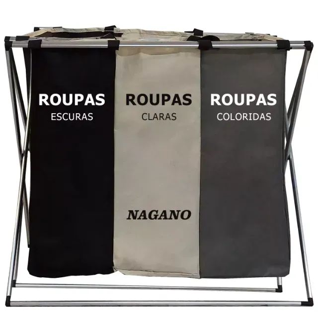 Cesto De Roupa Suja Organizador 3 Divisórias Dobrável - 65 x 40 x 60cm - E035994 - Foto 4