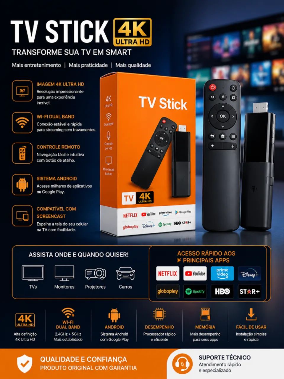Mi Stick TV 4K Full HD transformar TV em Smart   