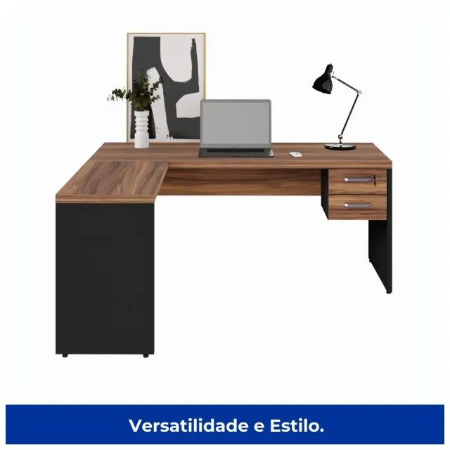 Mesa Escritório em L 1,70m + Mesa Auxiliar 2 Gavetas Nogal Sevilha Preto Modelo 21479 - Foto 4