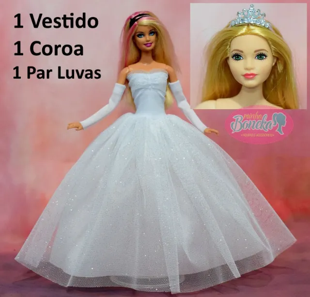 Vestido de noiva (brilho prateado) + luvas + Coroa para Boneca Barbie