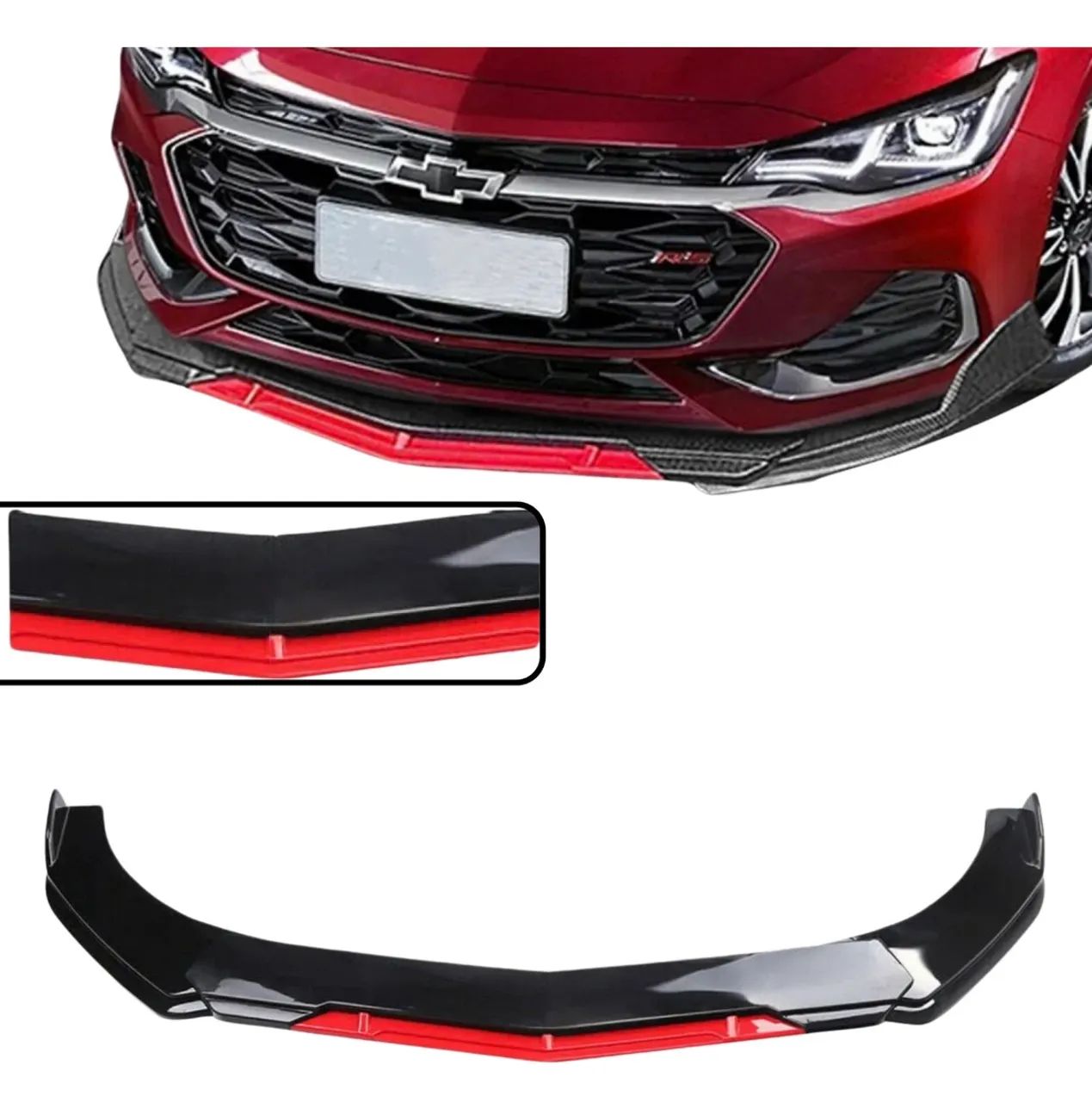Front Lip Veicular Regulável Preto Metálico E Vermelho Carro + Haste Spoiler Lip Universal