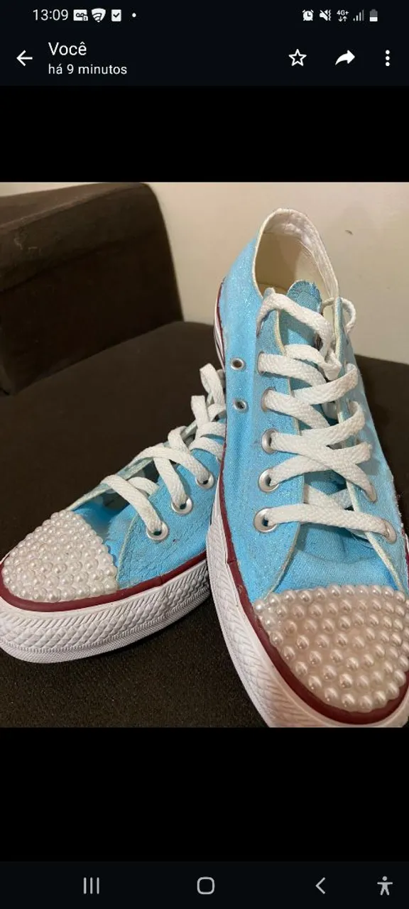 Tênis Converse Customizado Azul com Pérolas