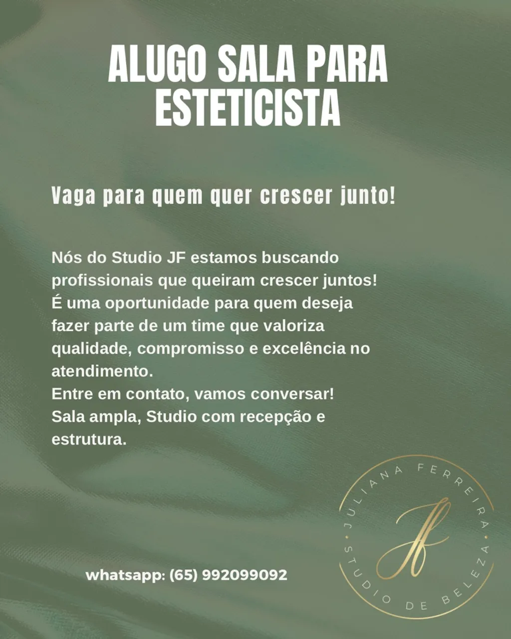 Vaga de sala para esteticista em Studio de beleza 
