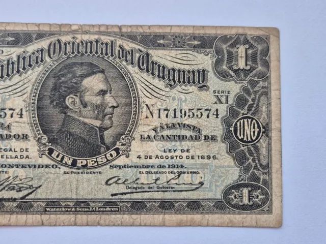 Cédula Antiga Uruguai. Un Peso / 1 Peso. Série XI. 1914! - Foto 2