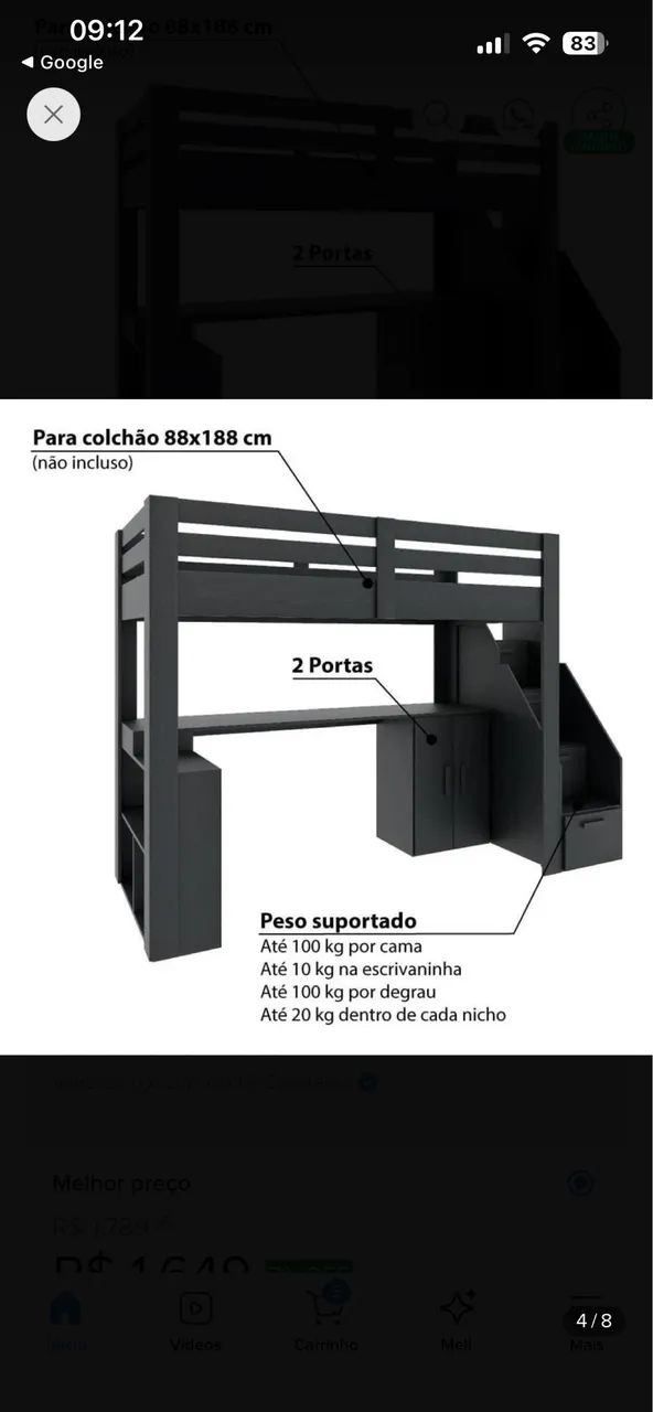 Cama Suspensa Preta com Escrivaninha e Gavetas - Foto 4