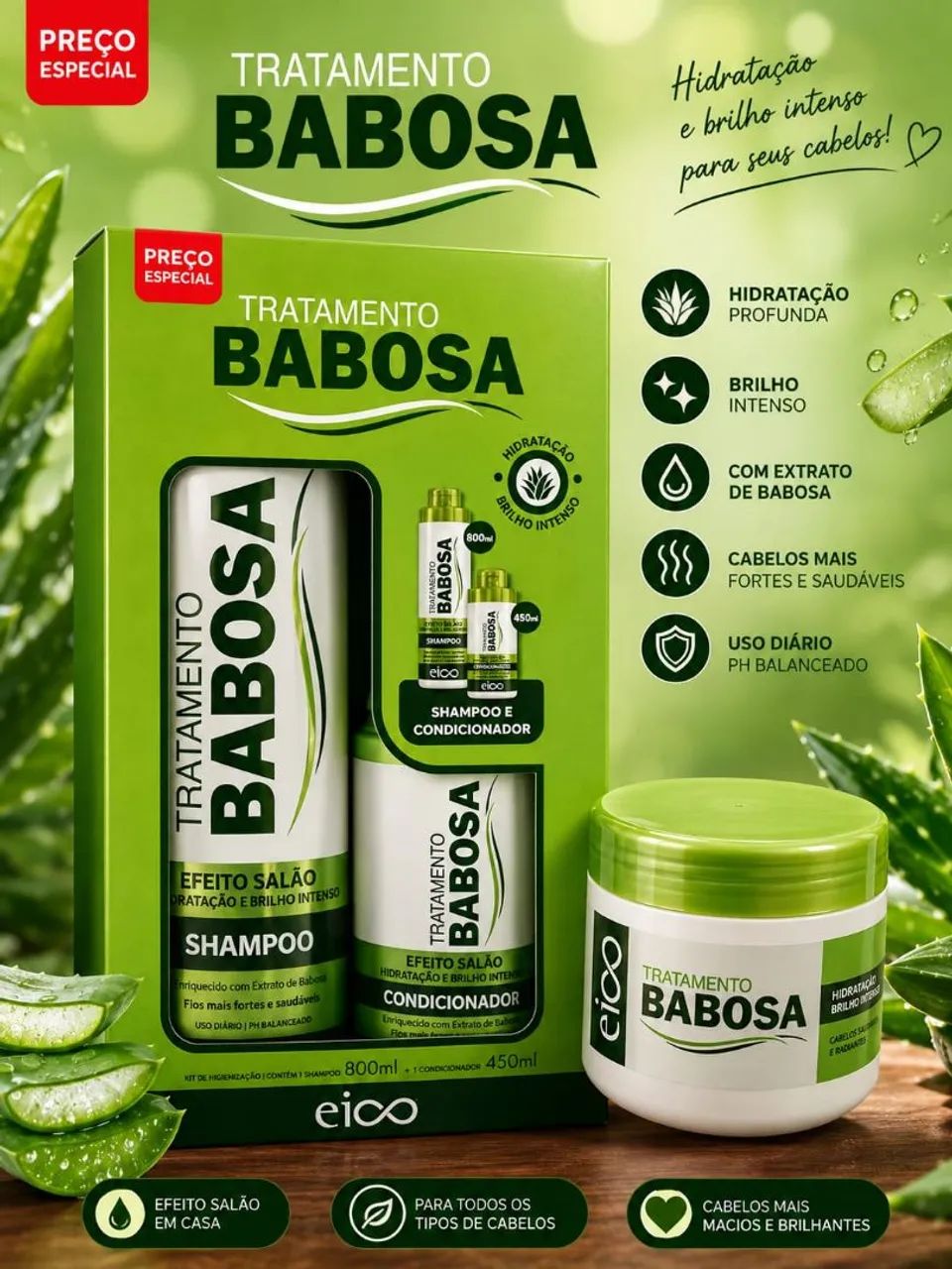 Kit EICO-SHAMPOO 800ML+ CONDICIONADOR 450ML + MASCARA 270G