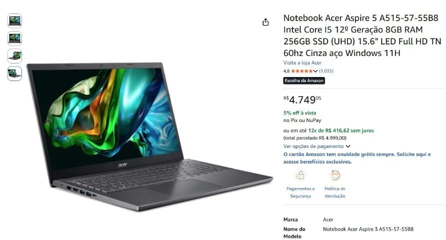 ?VENDO OU TROCO ACER ASPIRE 5 i5 12a GERAÇÃO? - Foto 2