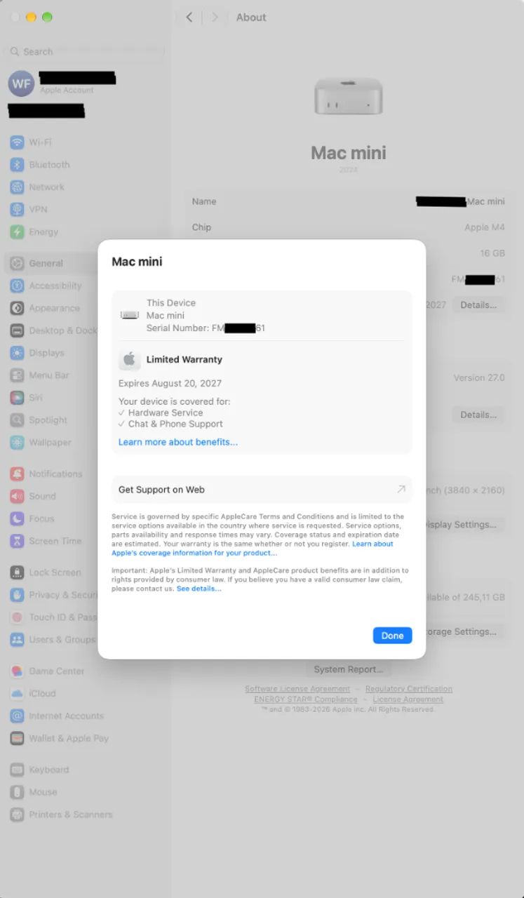 Mac Mini M4 16GB / 256GB SSD - Garantia estendida Apple até 08