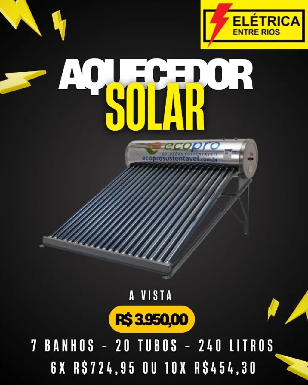 AQUECEDOR SOLAR 20 TUBOS (7 BANHOS) 240 LITROS 