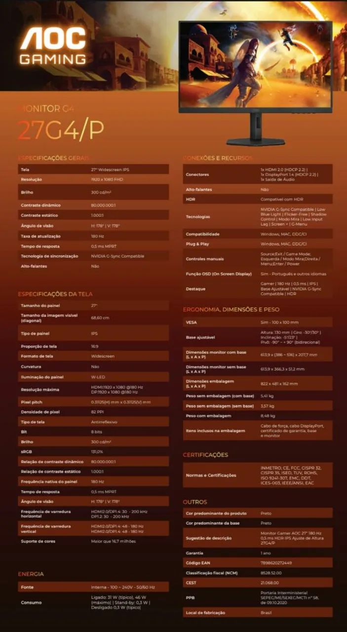 Monitor Gamer AOC 27 polegadas, IPS, 180hz, 0.5 ms de resposta - Foto 3