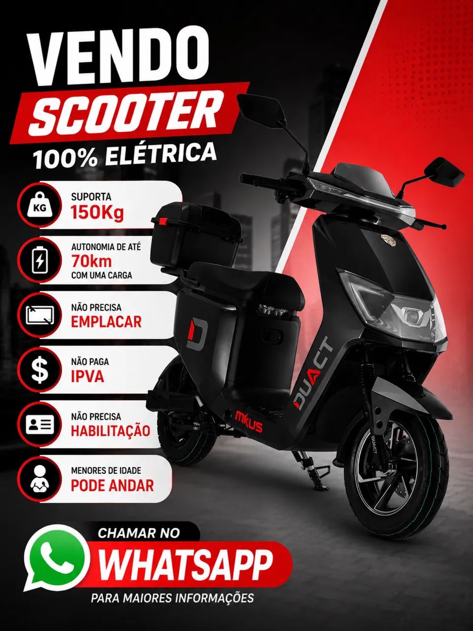 Scooter Moto 100% Elétrica 1.000W