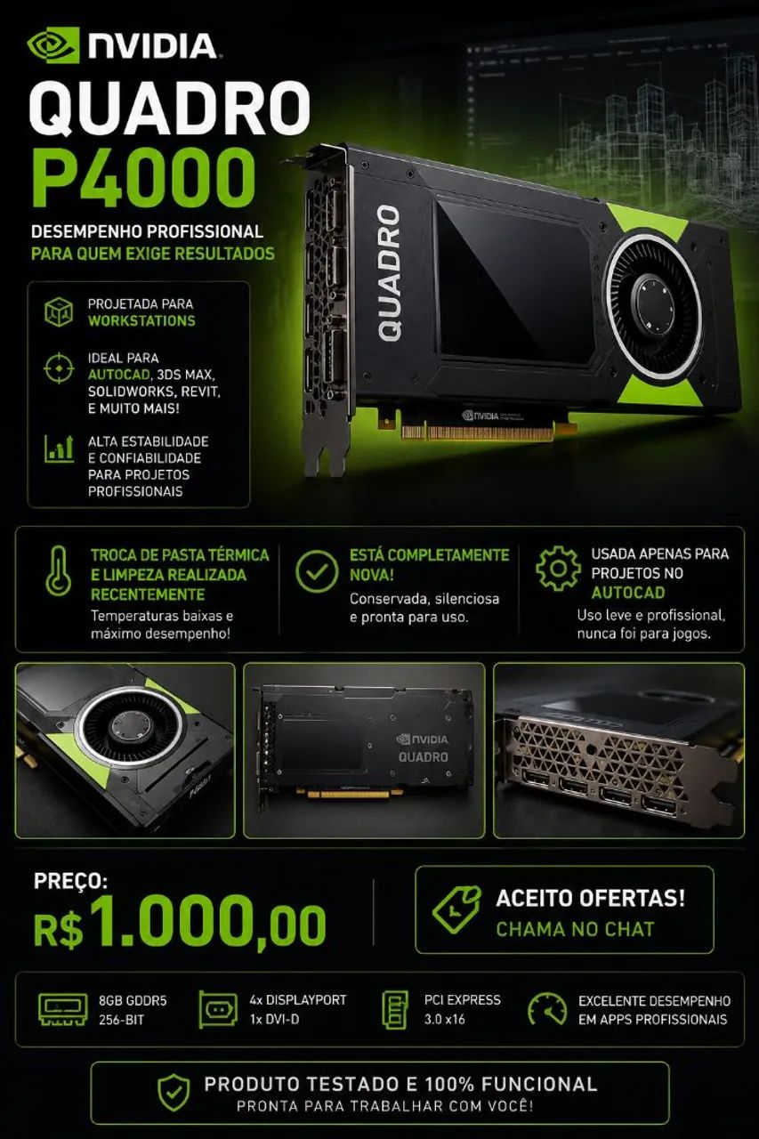 NVIDIA QUADRO P4000 - Placas de Vídeo - Vera Cruz, Montes Claros
