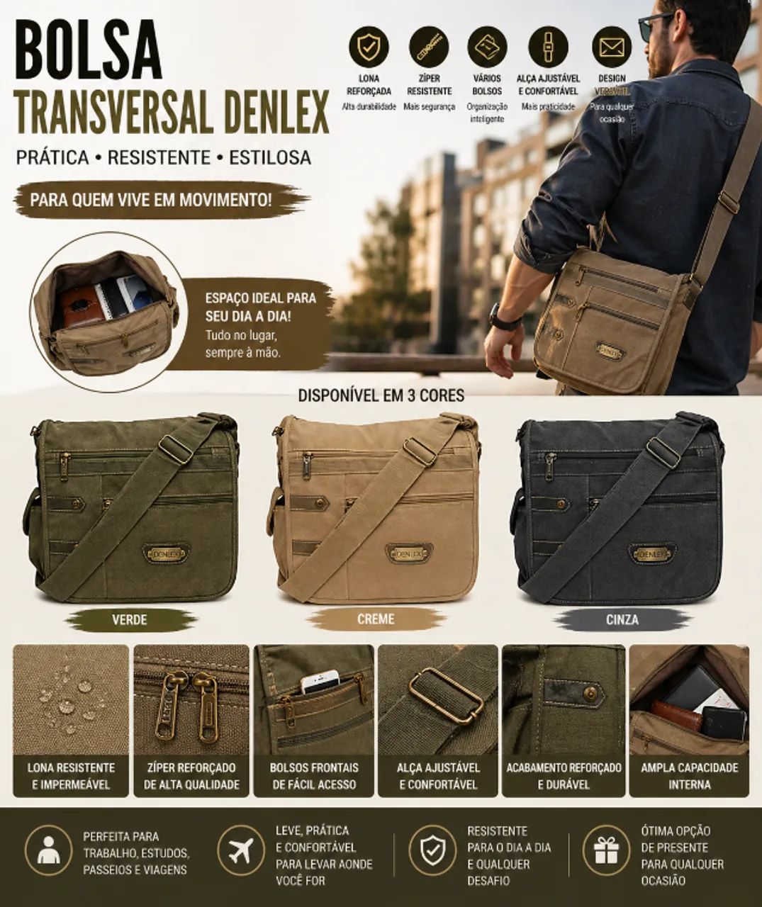 BOLSA PASTA CARTEIRO DENLEX - ESTILO, PRATICIDADE E RESISTÊNCIA NO SEU DIA A DIA