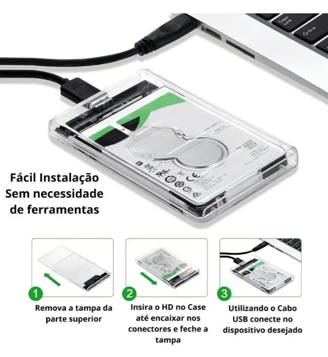 Case Externa para SSD HD SATA 2.5 transparente com USB 3.0 com cabo destacável - Foto 5