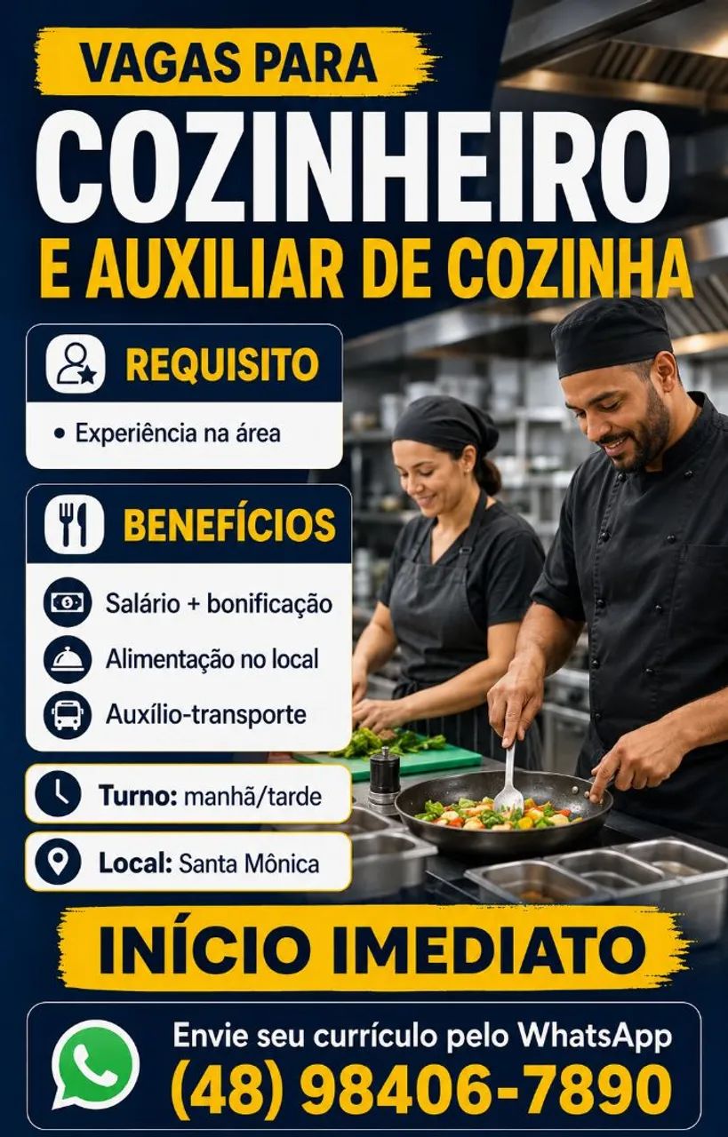 Vaga para Cozinheiro e Auxiliar de Cozinha 