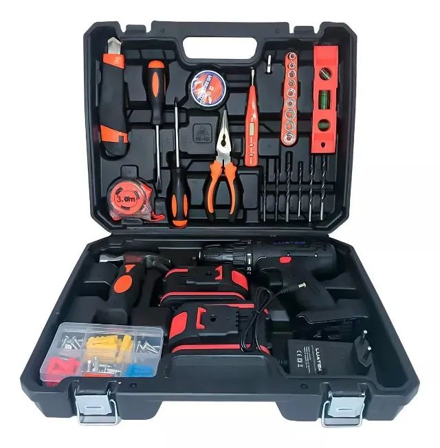 Parafusadeira Furadeira Marca Luatek 21v C/ Ferramentas 2 Baterias