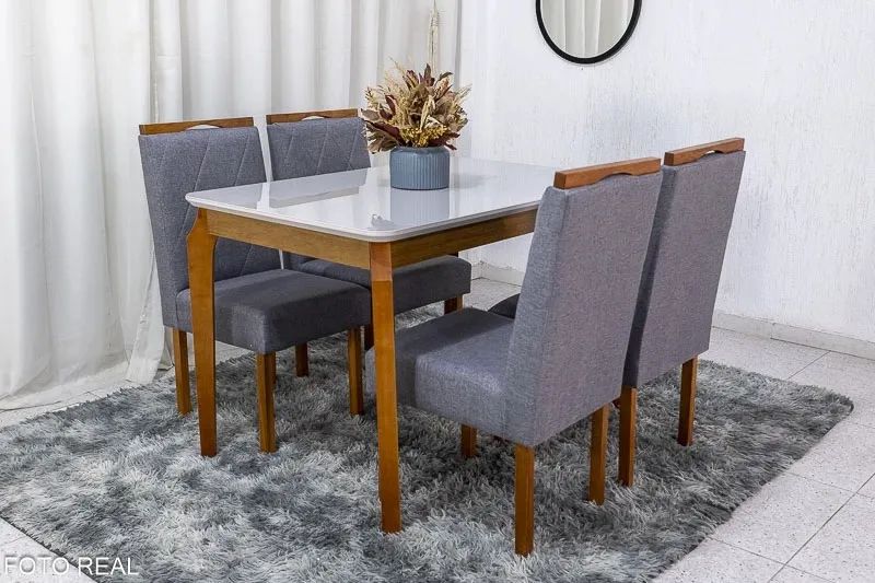 Mesa de Jantar 120×80 4 Cadeiras Diamante Linho Cinza Madeira Maciça rf544