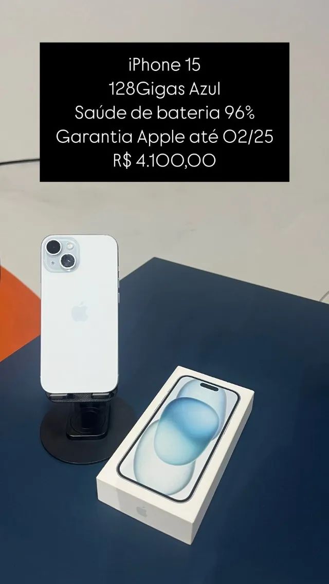 IPhone 15 Azul 128Gigas saude de bateria 96% Semi Novo | Loja