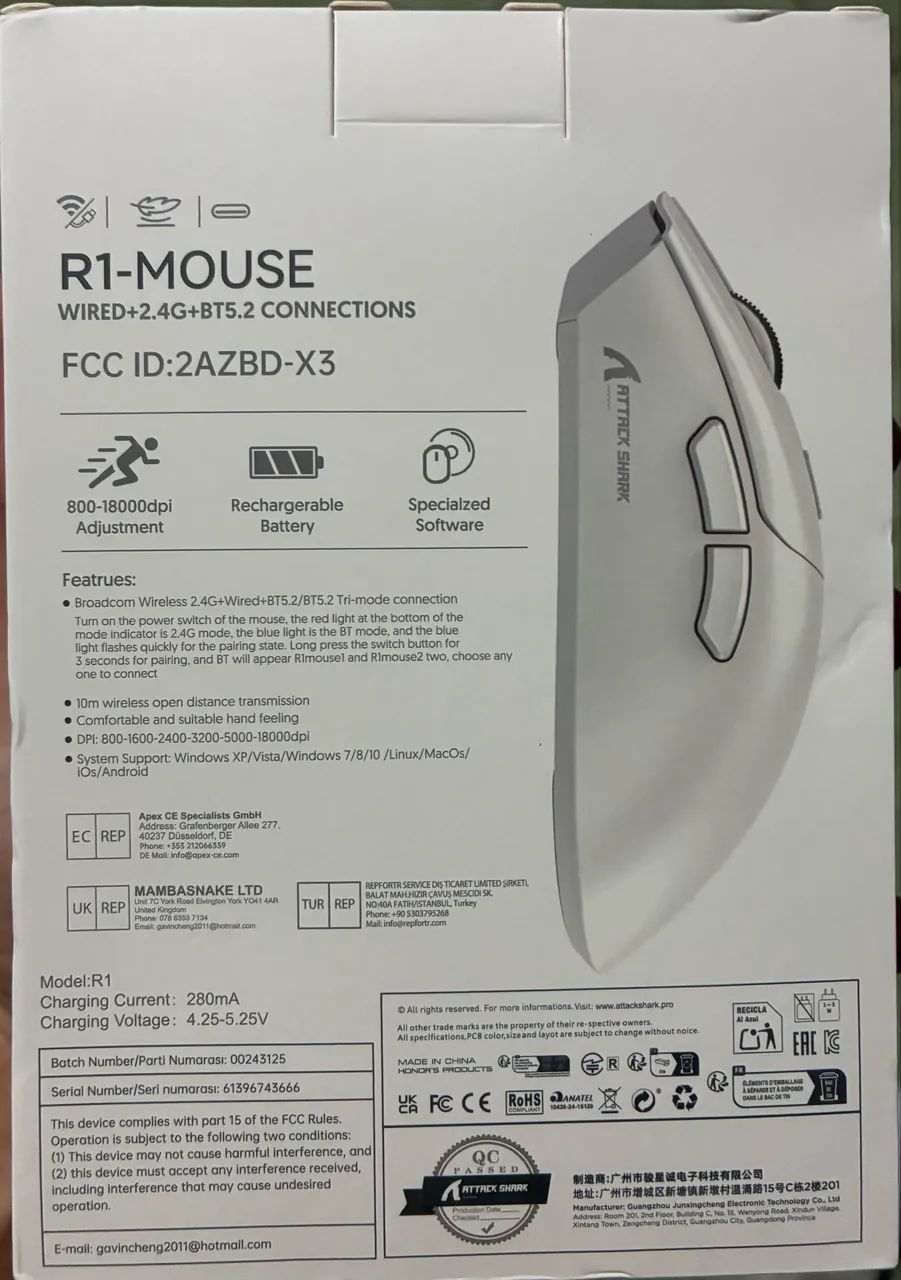 Sealed Mouse | Attack Shark R1 Wireless | Bluetooth | 2.4G | 18000 DPI64374418080129121