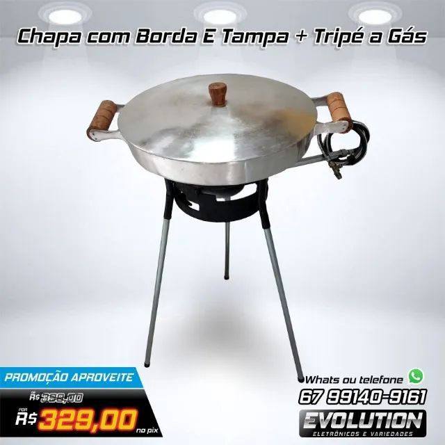 Chapa de Aluminio com Borda e Tampa + Tripé a Gás com Mangueira Completo