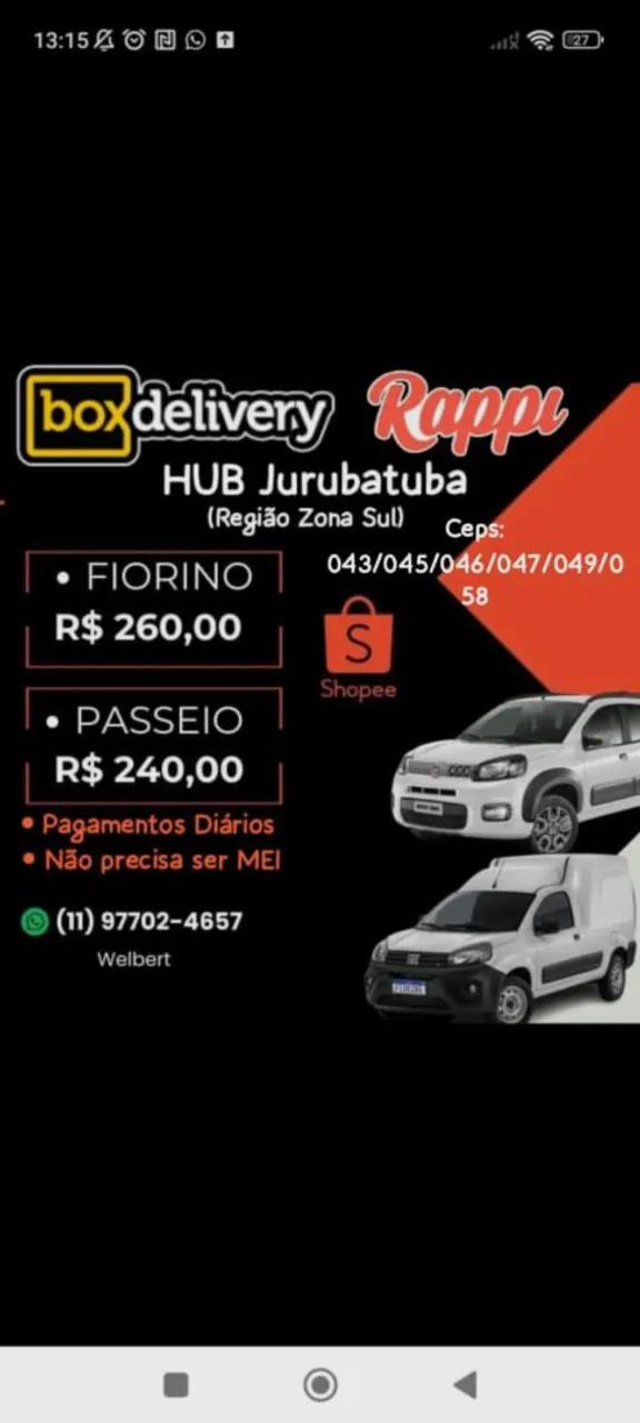 Entregas SHOPEE Contratando para Zona Sul
