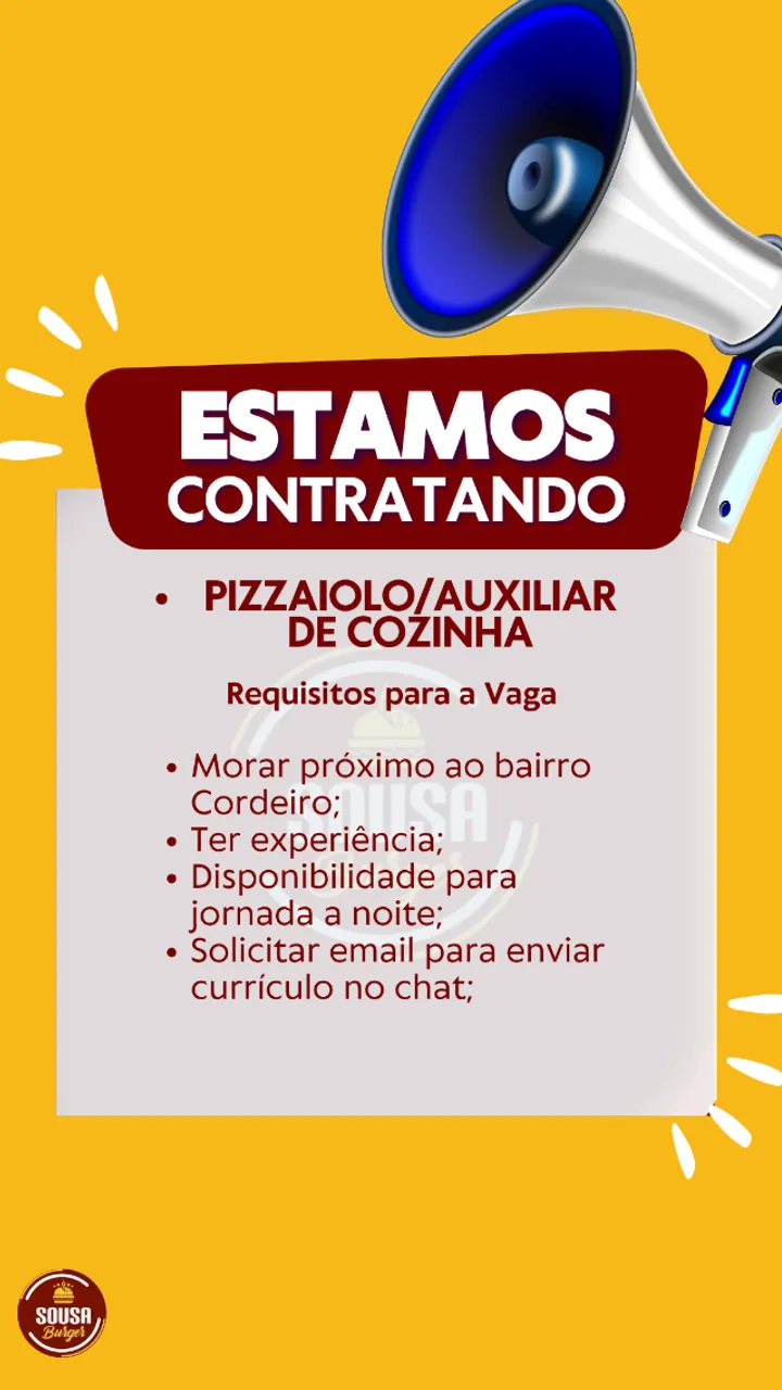 Vaga pra Pizzaiolo e auxiliar de cozinha no bairro Cordeiro