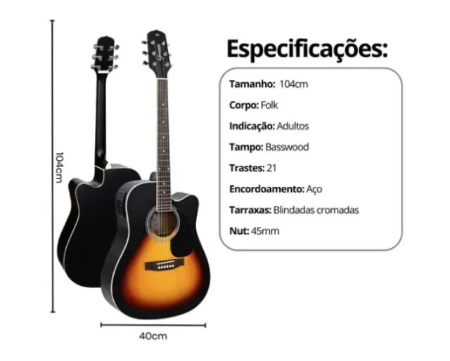 Kit Violão Elétrico Giannini Aço Folk Afinador + Acessórios