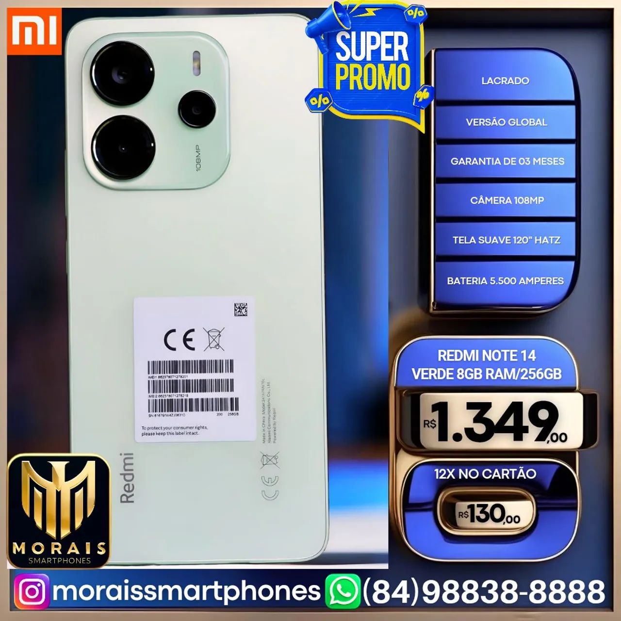 Xiaomi Redmi Note 14 - 256GB/8GB RAM - Verde, Azul - GARANTIA 3 MESES, LACRADO