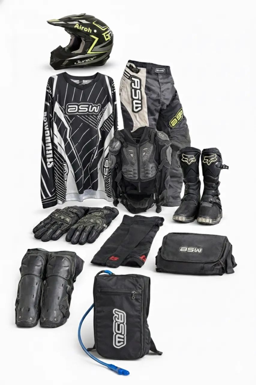 Equipamento para trilha ou motocross com capacete colete e mais