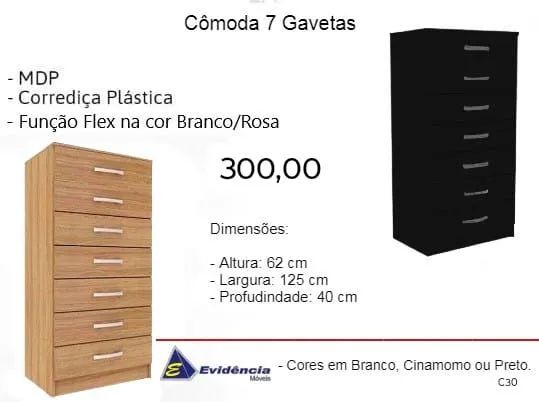 Cômoda 7 Gavetas MDP Evidência / 2 cores disponíveis  / pague na entrega 