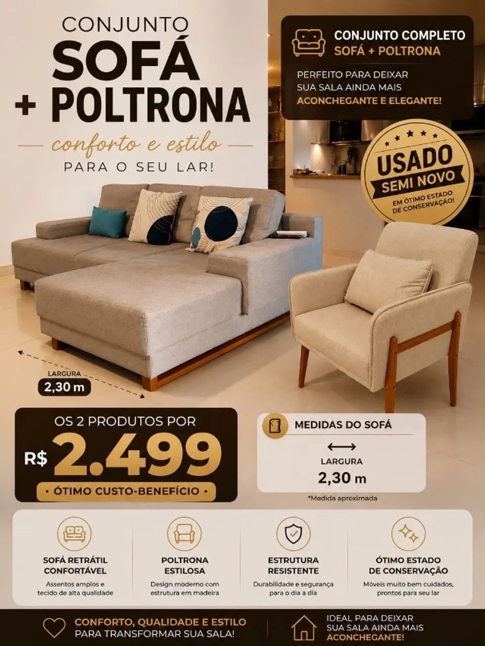 Sofá de 2,40m mais poltrona 