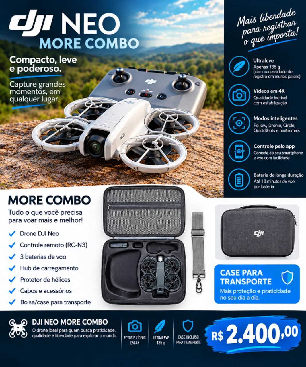 Drone DJI NEO MORE COMBO  com case para transporte 