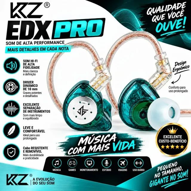 Fone Kz Edx Pro verde Sem Microfone