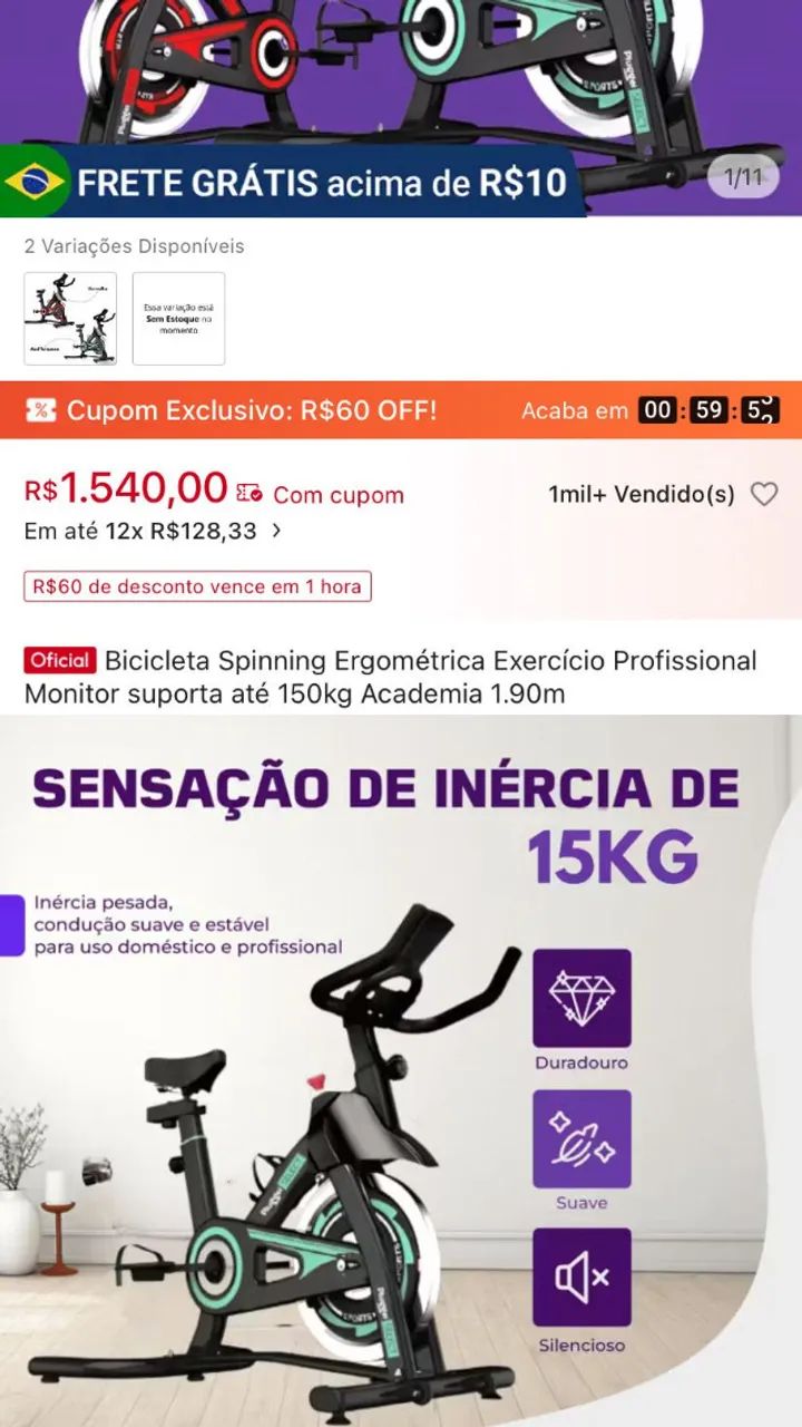 bicicleta spinning ergométrica mecânica com monitor suporta até 150kg - pluggei select  - Foto 2