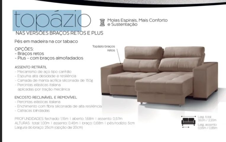 CONJUNTO SOFÁ TOPAZIO RETRÁTIL 1,60 E 2,20 - Foto 3