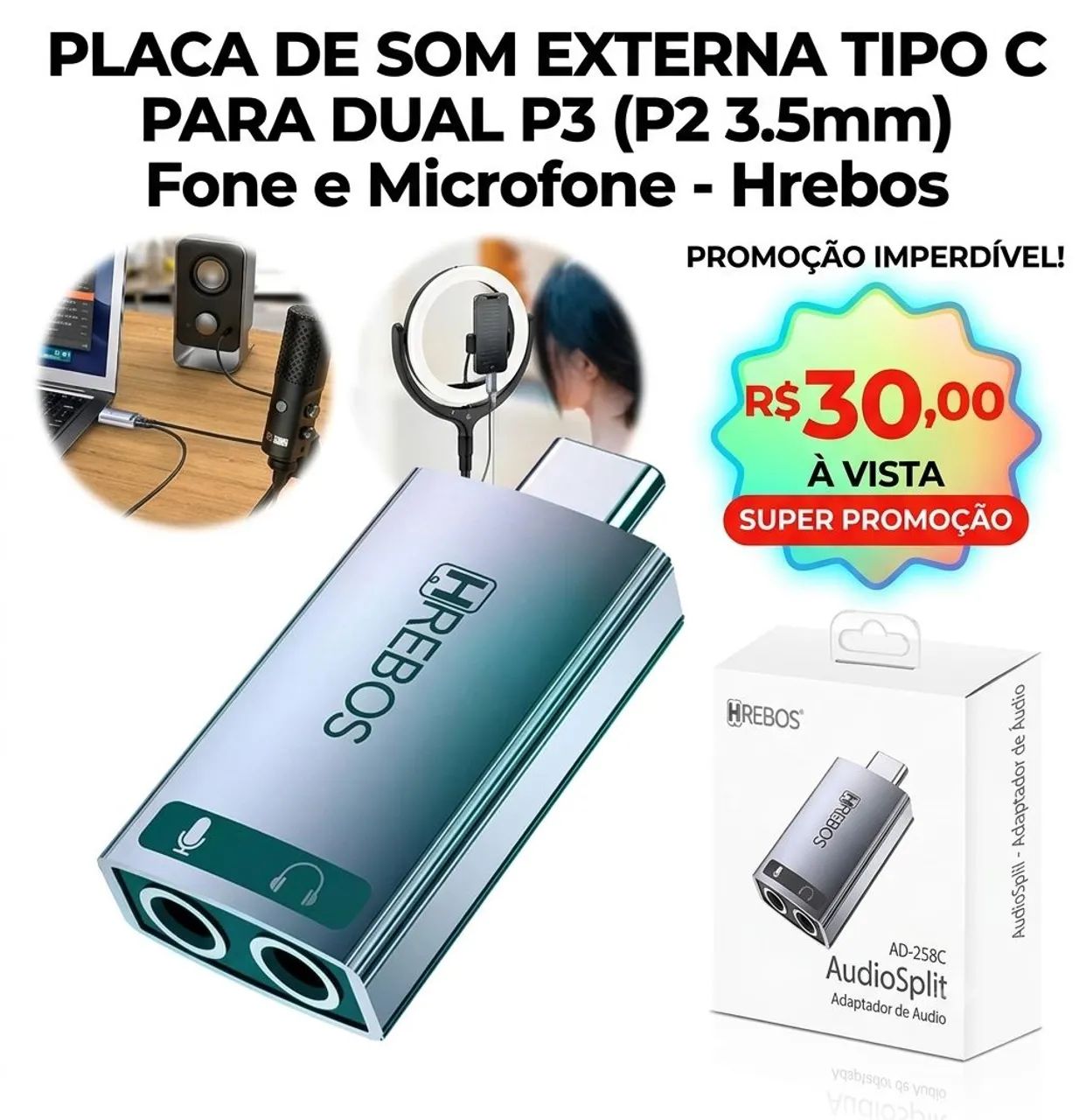 Placa de Som Externa Tipo C para Dual P3 (P2 3.5mm) Fone e Microfone - Hrebos 