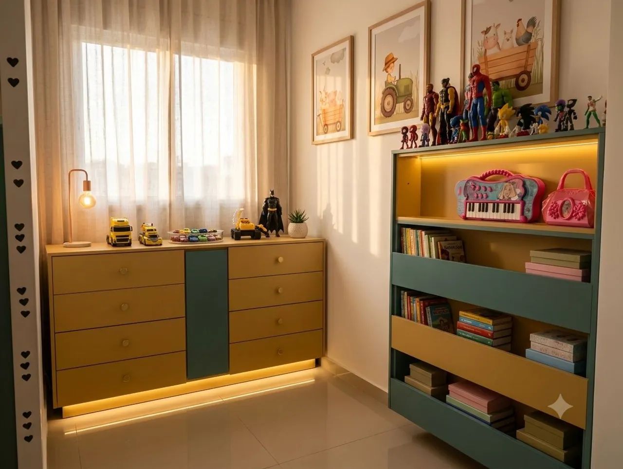 Cômoda infantil planejada + estante de brinquedos