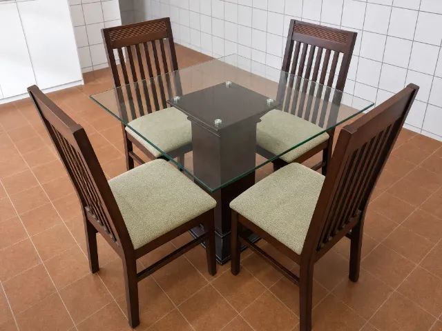 Mesa de Jantar com Tampo de Vidro + 4 Cadeiras Estofadas - Madeira Resistente