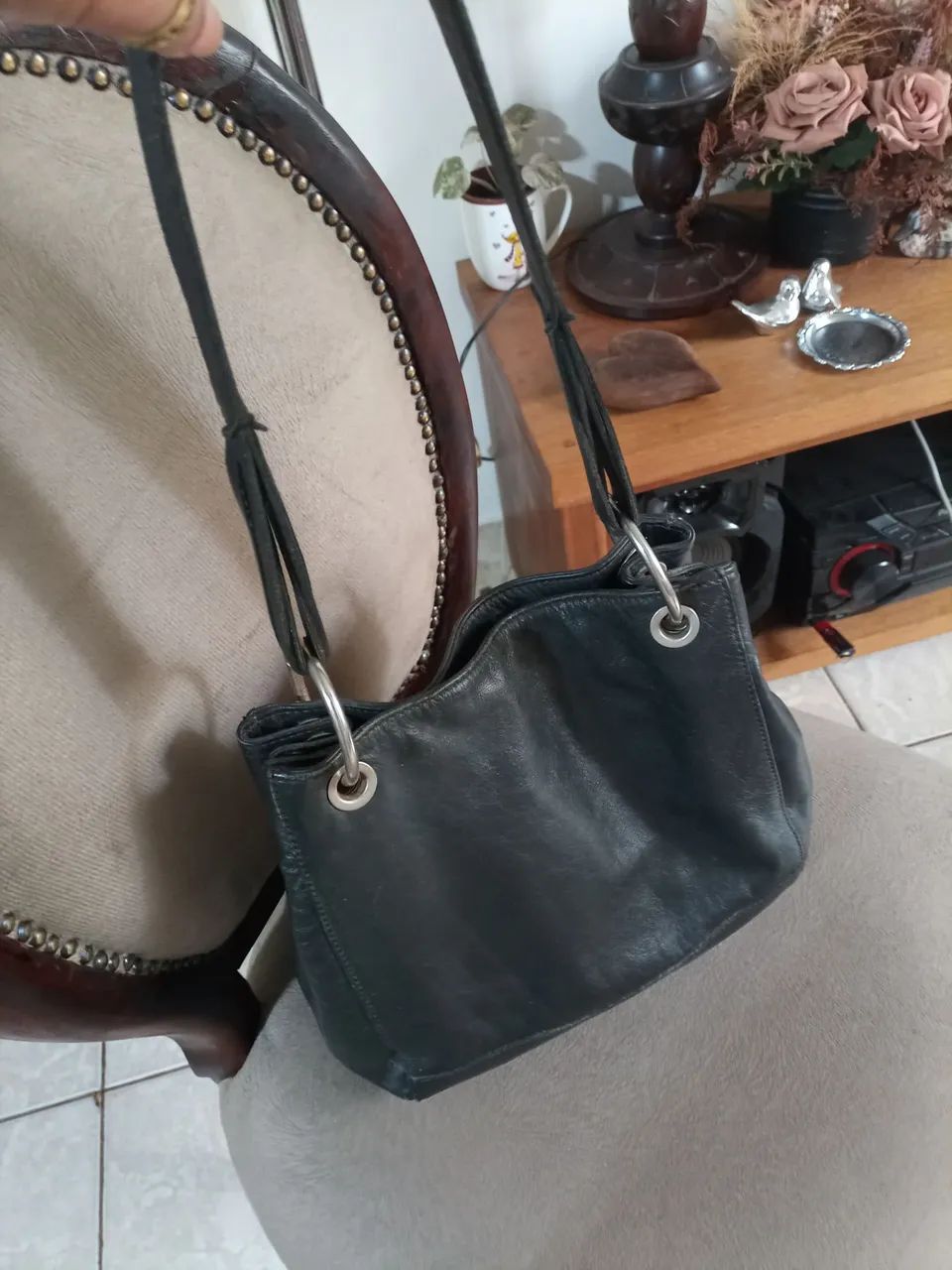 Bolsa couro legítimo preta reforçada 