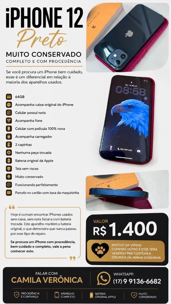 iPhone 12 preto muito conservado e de procedência 