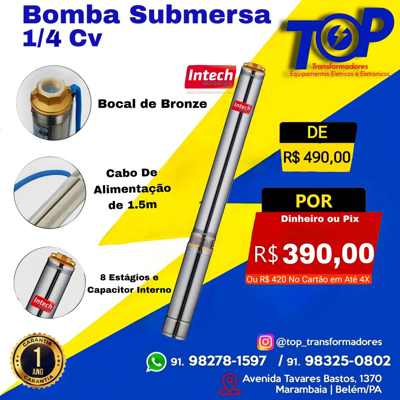 Bomba Submersa 1/2 cv 2,5" para poço de 75mm e 100mm 1