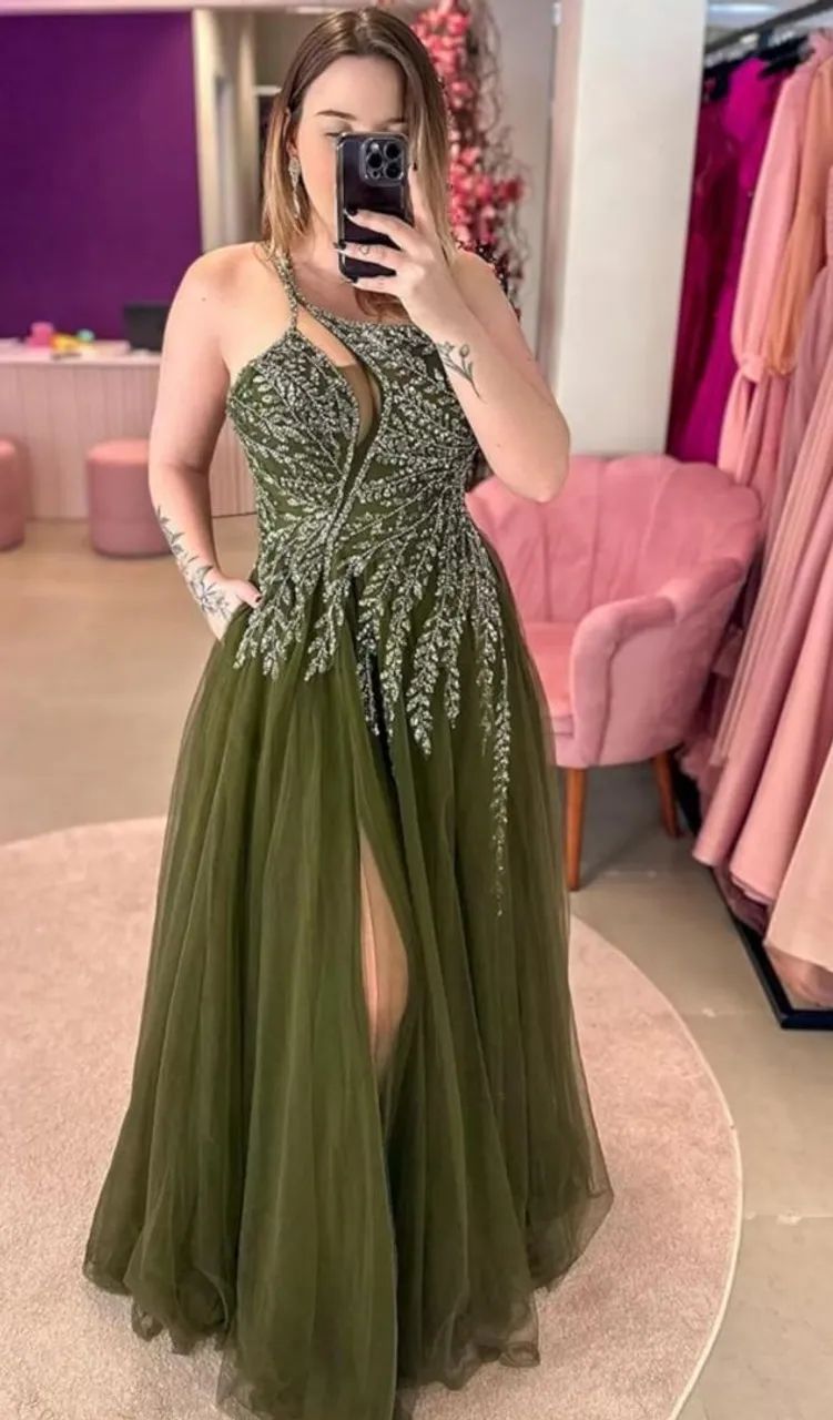 VESTIDO DE FESTA VERDE OLIVA