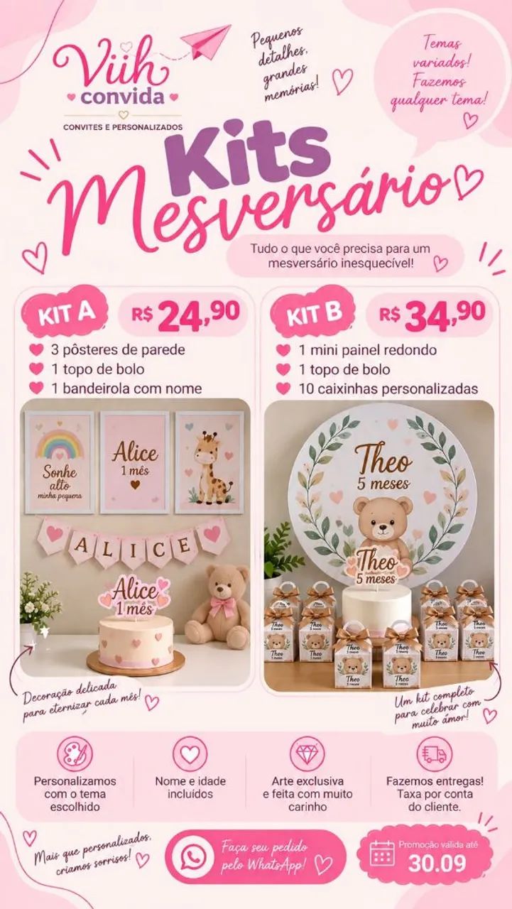 Kits Mesversário Personalizados - Vários Temas (Kit A e Kit B)