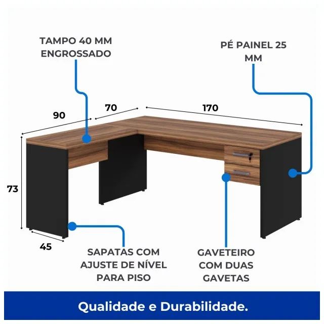 Mesa Escritório em L 1,70m + Mesa Auxiliar 2 Gavetas Nogal Sevilha Preto Modelo 21479 - Foto 5