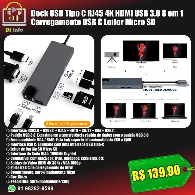 Dock USB Tipo C RJ45 4K HDMI USB 3.0 Carregamento USB C Leitor Micro SD