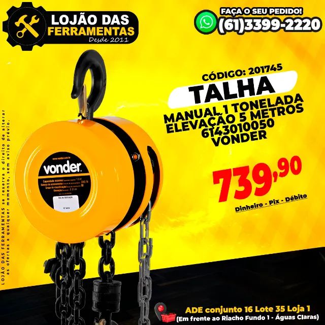 Talha Manual 1 Tonelada Elevação 5 Metros 6143010050 Vonder