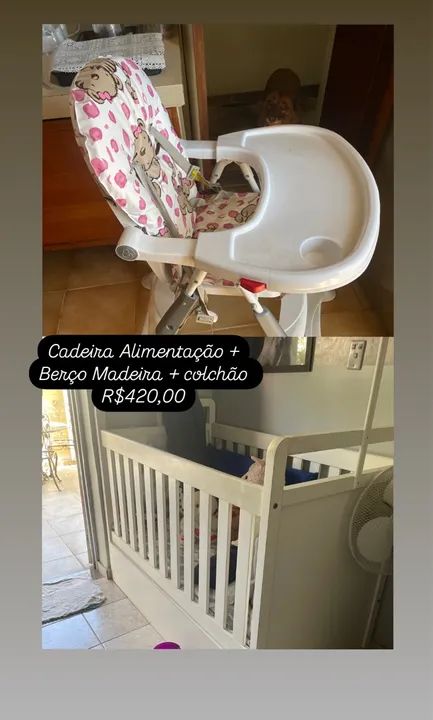 Cadeira de Alimentação + Berço de Madeira + Colchão